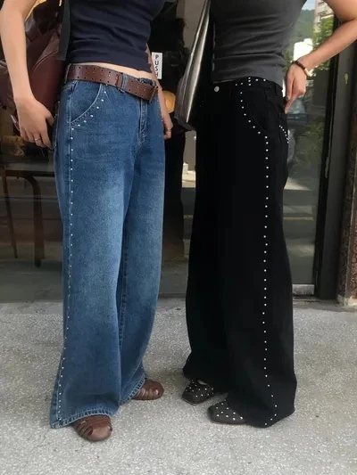 SML – pantalon en Denim pour femmes, 2 couleurs, rétro Chic, taille haute, coupe ample, perles décoratives, embellissement lourd, Long polyvalent, automne