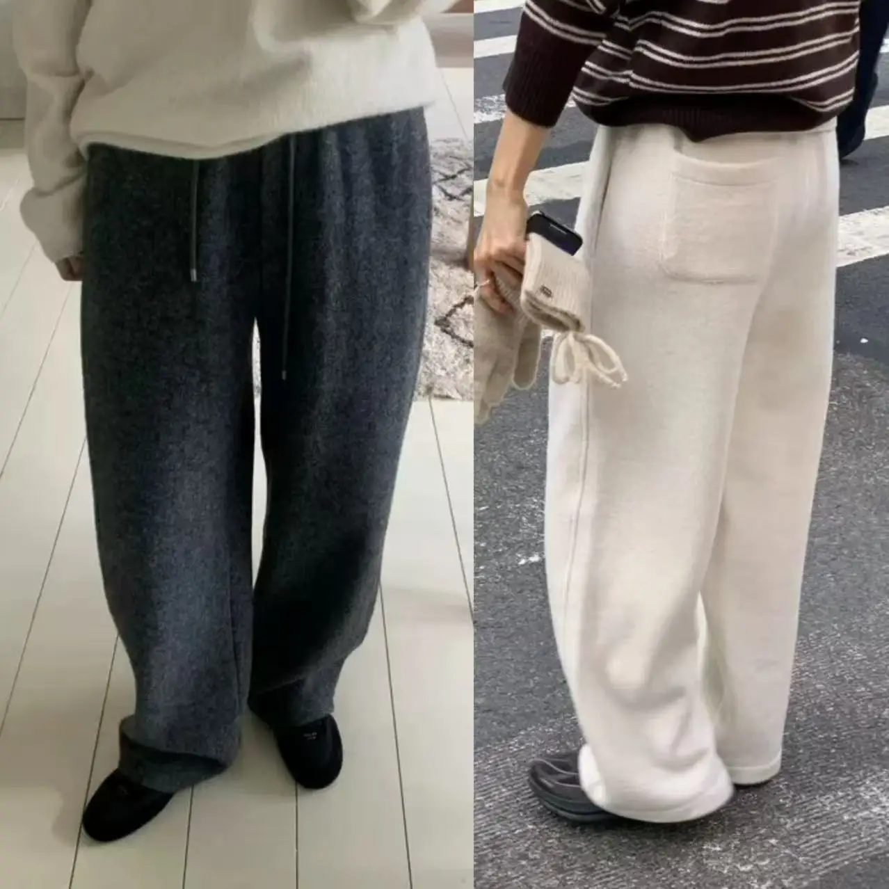 Luźne wełniane spodnie damskie z wysokim stanem i szerokimi nogawkami w stylu koreańskim, z elastyczną gumką w pasie i sznurkiem, długie spodnie wyszczuplające.