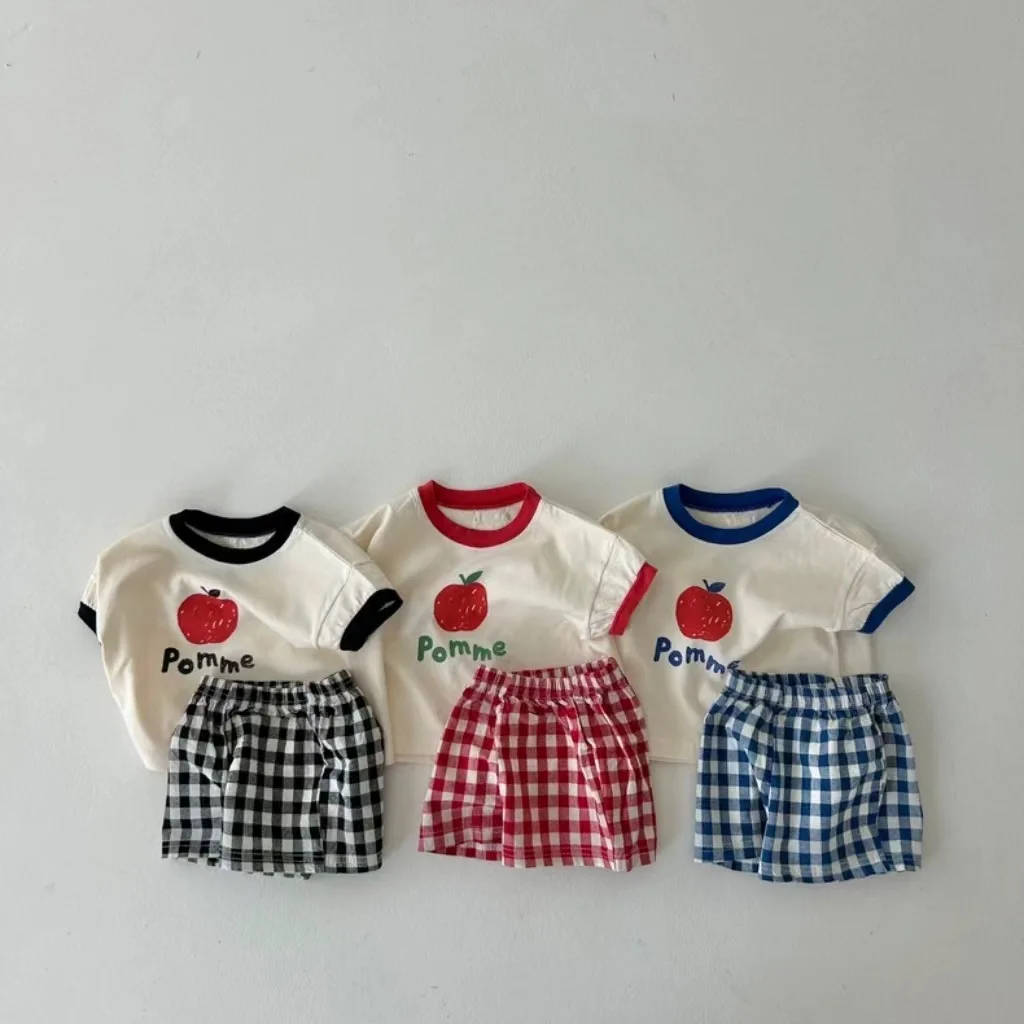 Summer new baby 1-3 years old toddler baby round-neck Apple short-sleeved T-shirt plaid shorts pure cotton outdoor casual suit