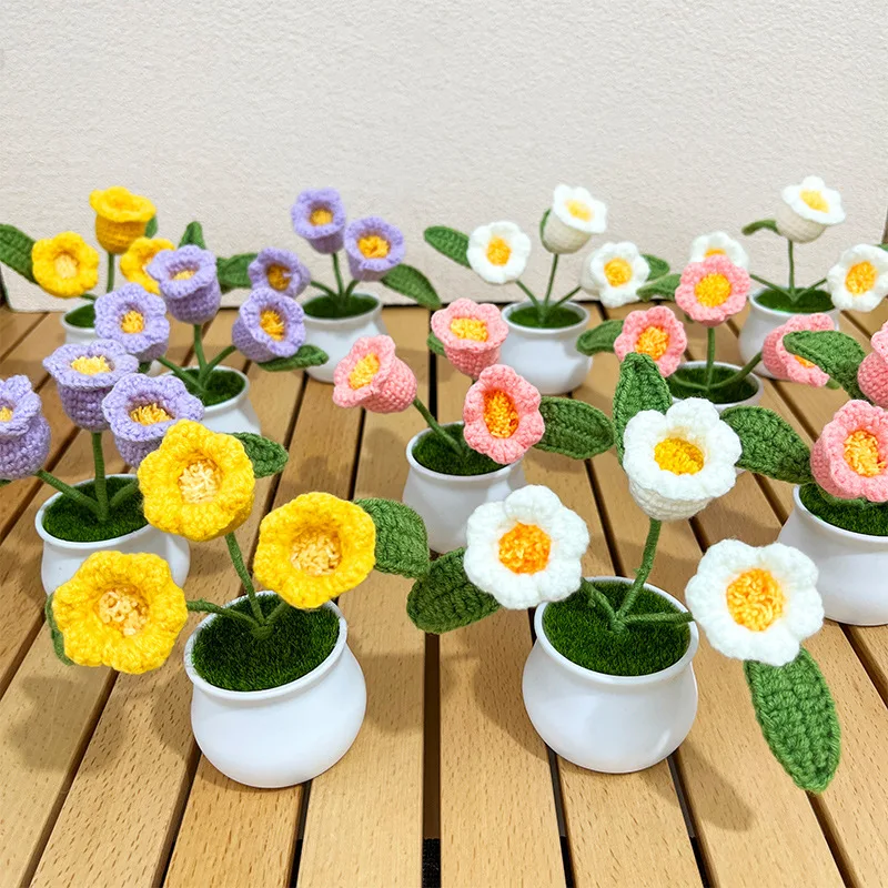 Women Handmade Finished Knitted Lily Flower Potted Artificial Crochet Flower For Mom Girls Brithday Gift Wholesales Dropshipping