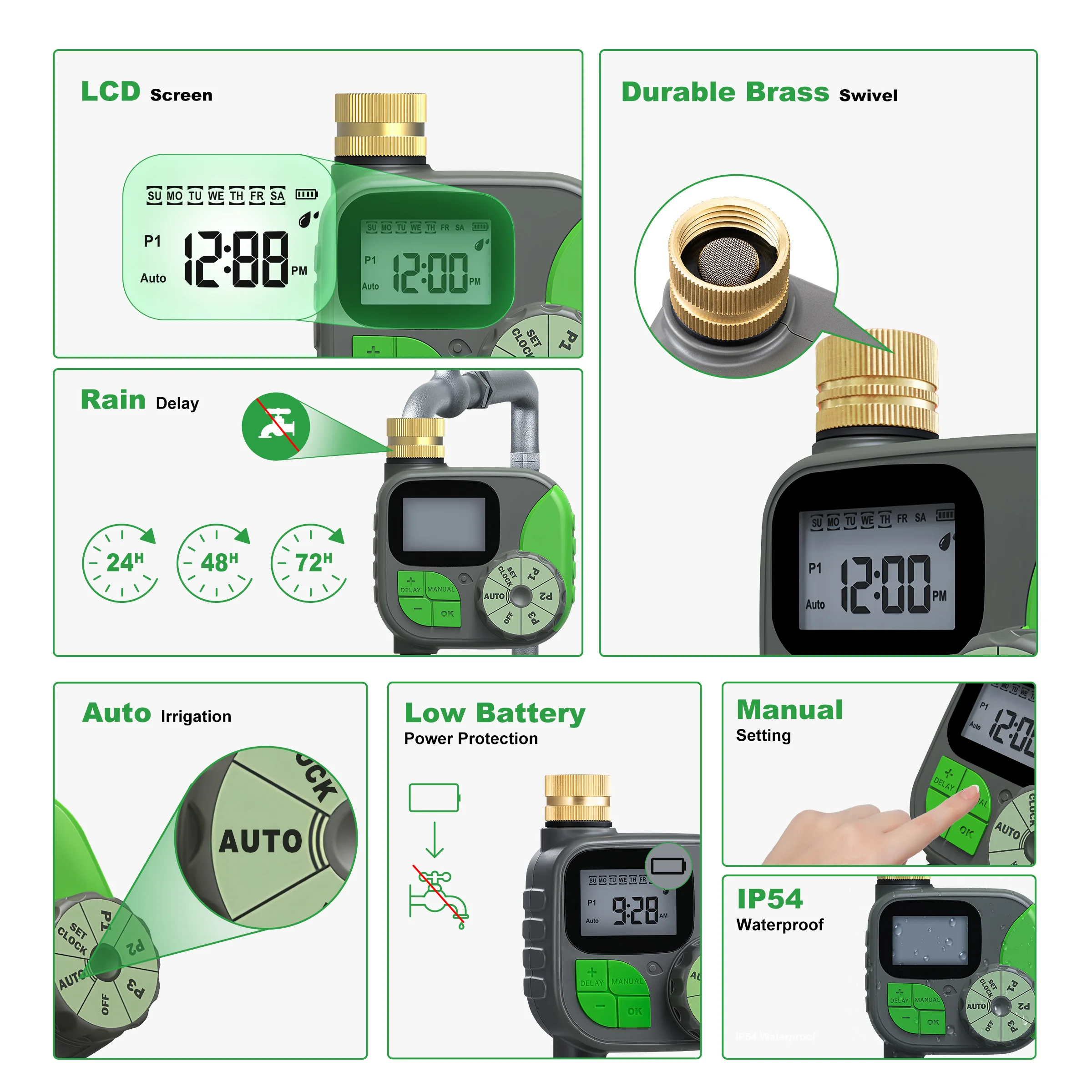 庭,庭,芝生用の真ちゅう製の入口を備えたプログラム可能なスプリンクラー,LCDスクリーン,自動灌漑コントローラー