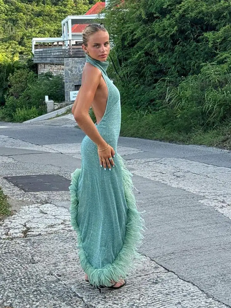 Women Glitter Sequin Feather Hem Patchwork long Dress Sexy Backless Off Shoulder Halter Dresses 2024 Female Elegant Party Robes