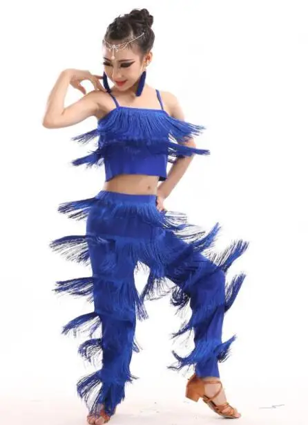 Latin Dance Dresses Ballroom Fringe Tassel Dress Pants Sequin Fringe Salsa Samba Costume Kids Children Girls Height 110 -170cm