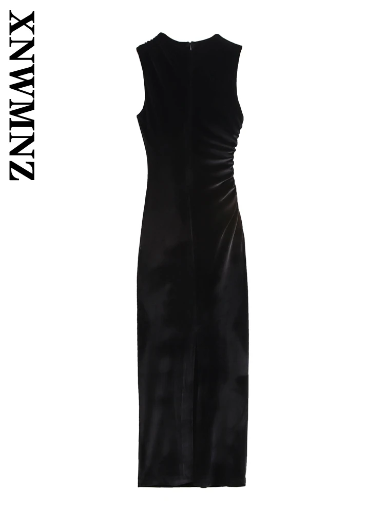 XNWMNZ 2024 New Summer Woman\'s Casual Ruffles Sleeveless zipper Black Dress Female Vintage O-Collar Long Length Top Maxi Skirt