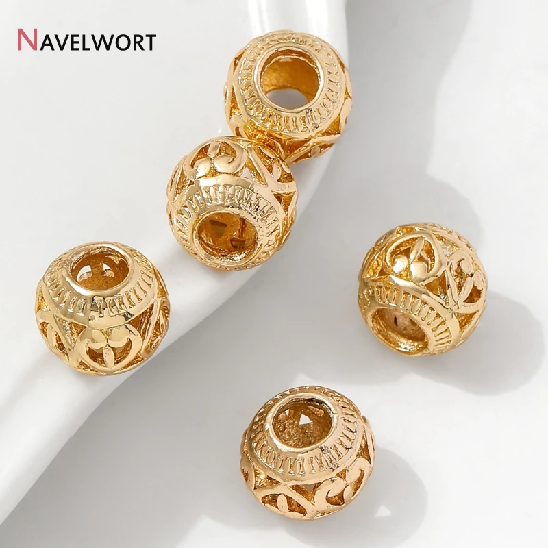 14K Gold Plated Brass Metal Hollow Out Round Ball Beads,Spacer Beads For Bracelet Necklace Making Accessories,Jewelry Materials