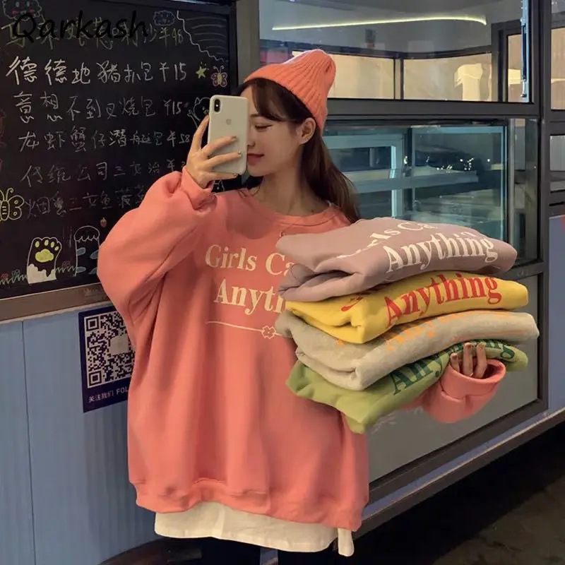 

Sweatshirts Women Trendy Casual Korean Style Winter Letter Printing All-match Students Aesthetic Drop-shoulder Clothes O-neck