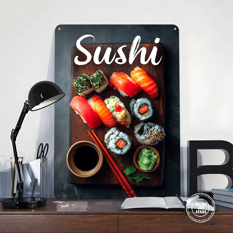 Sushi Platter on Wooden Board Tinplate Posters Customizable Wall Art Retro Vintage Metal Signs for Home Room Mancave Decoration