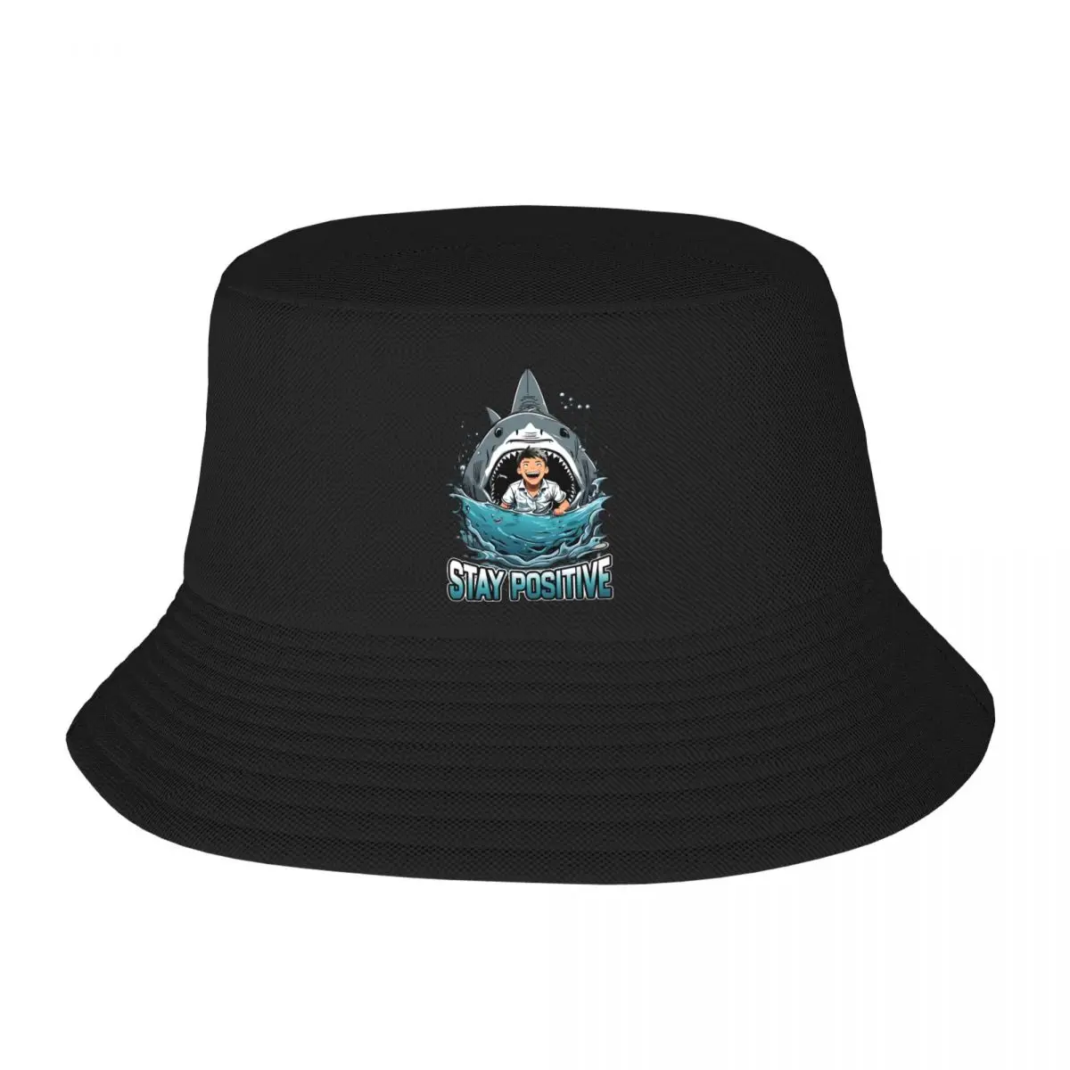 Hip Hop Stay Positive Shark And Boy Bucket Hat For Unisex Packable Cute Funny Bob Hat Vocation Getaway Headwear