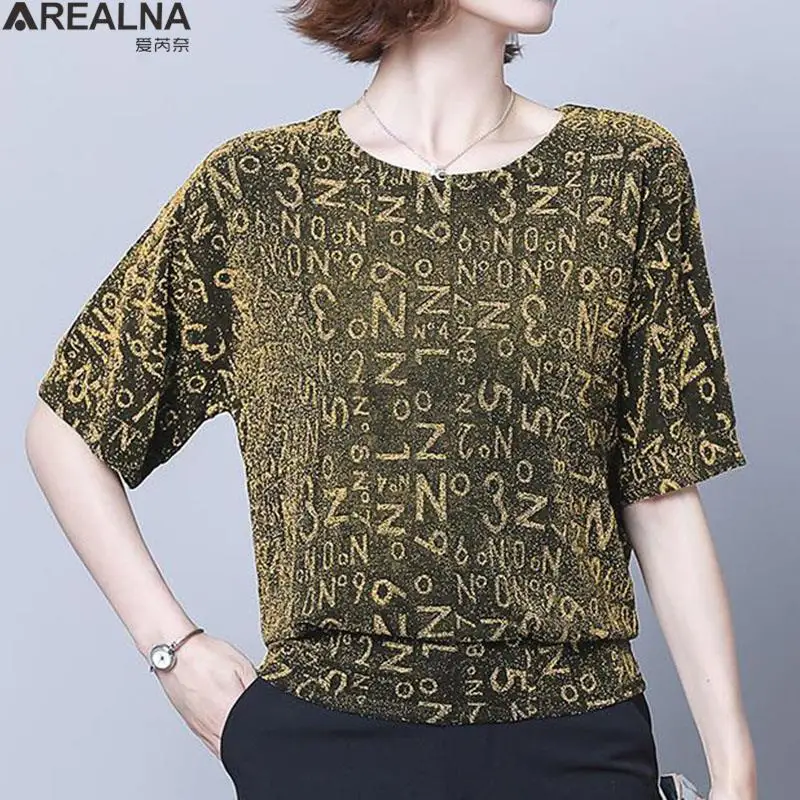 

Elegant Lettres gold Shine Women t-shirts Glitter Shirt Tops Summer Short Sleeve Shiny Sequin Tunic Casual t shirt for women 4XL