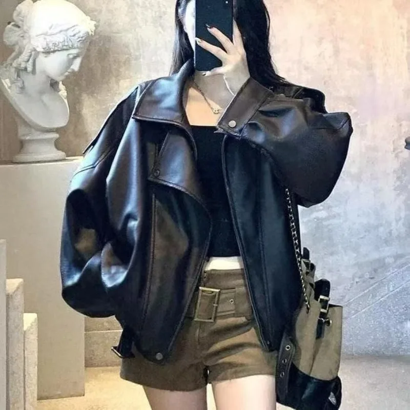 American Vintage Leather Moto Jacket Women 2026 New Oversized Loose Fit Casual Streetwear Daily Wear Trendy Chic Outerwear Coat