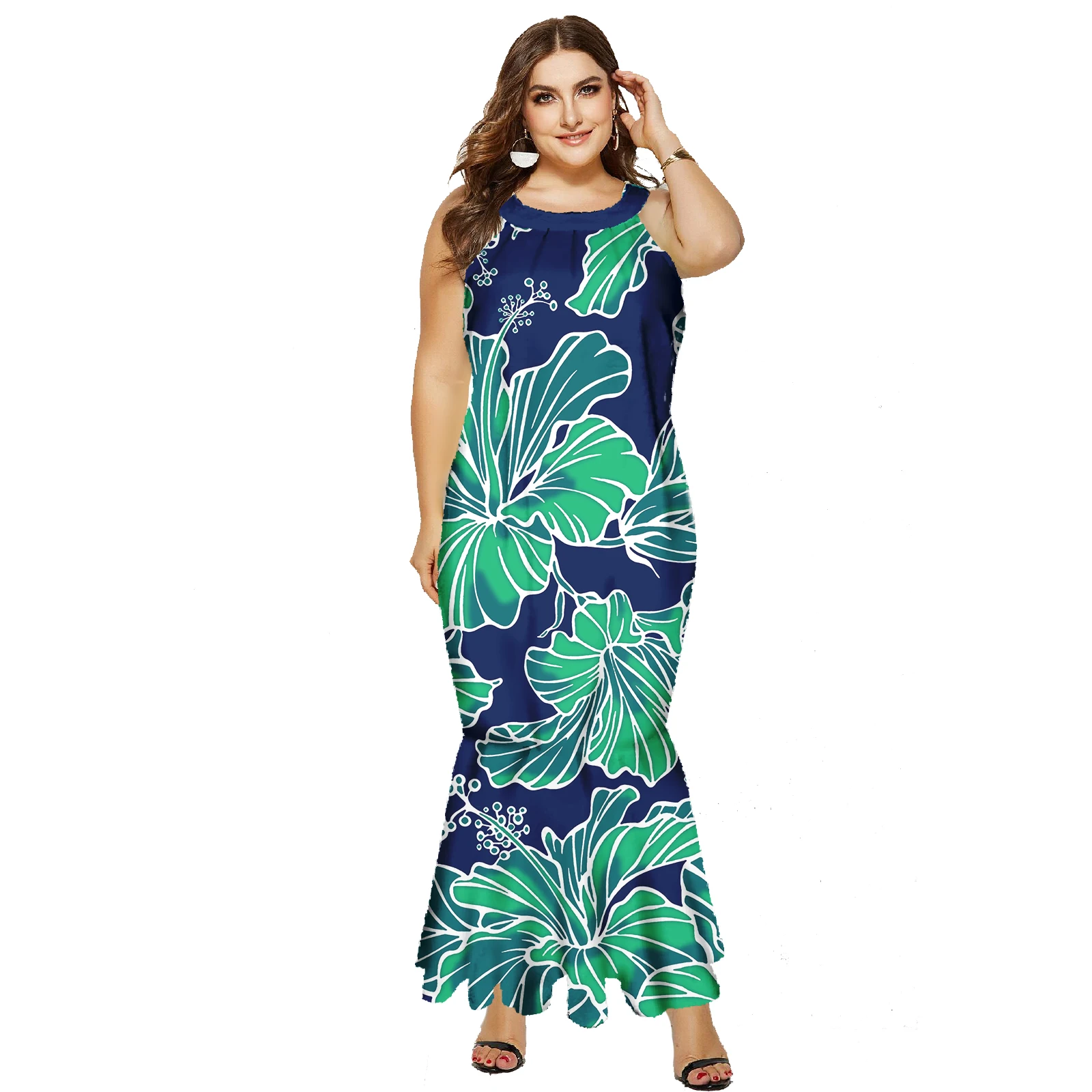 Alta qualidade dupla camada plissado manga fishtail vestido novo design polinésia tribal magro-ajuste sereia vestido