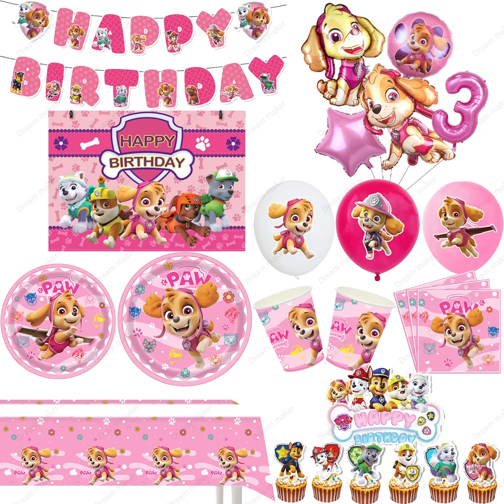 Image of Paw Patrol Geburtstagsdekoration Skye Themenparty-Zubehör Teller Becher Servietten Luftballons Geschenktüten Gastgeschenke Partydekoration