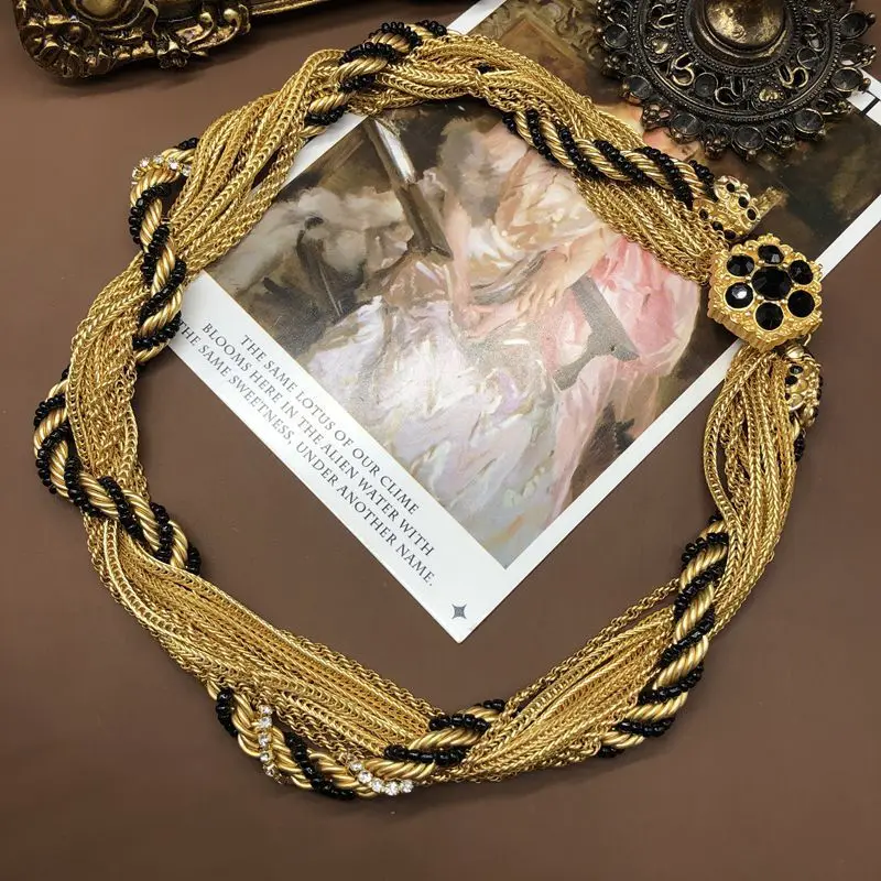 Medieval Retro Necklace Multi Layered Braided Metal Chain Encrusted Diamond Fashion Jewelry High Quality Heavyweight Necklace
