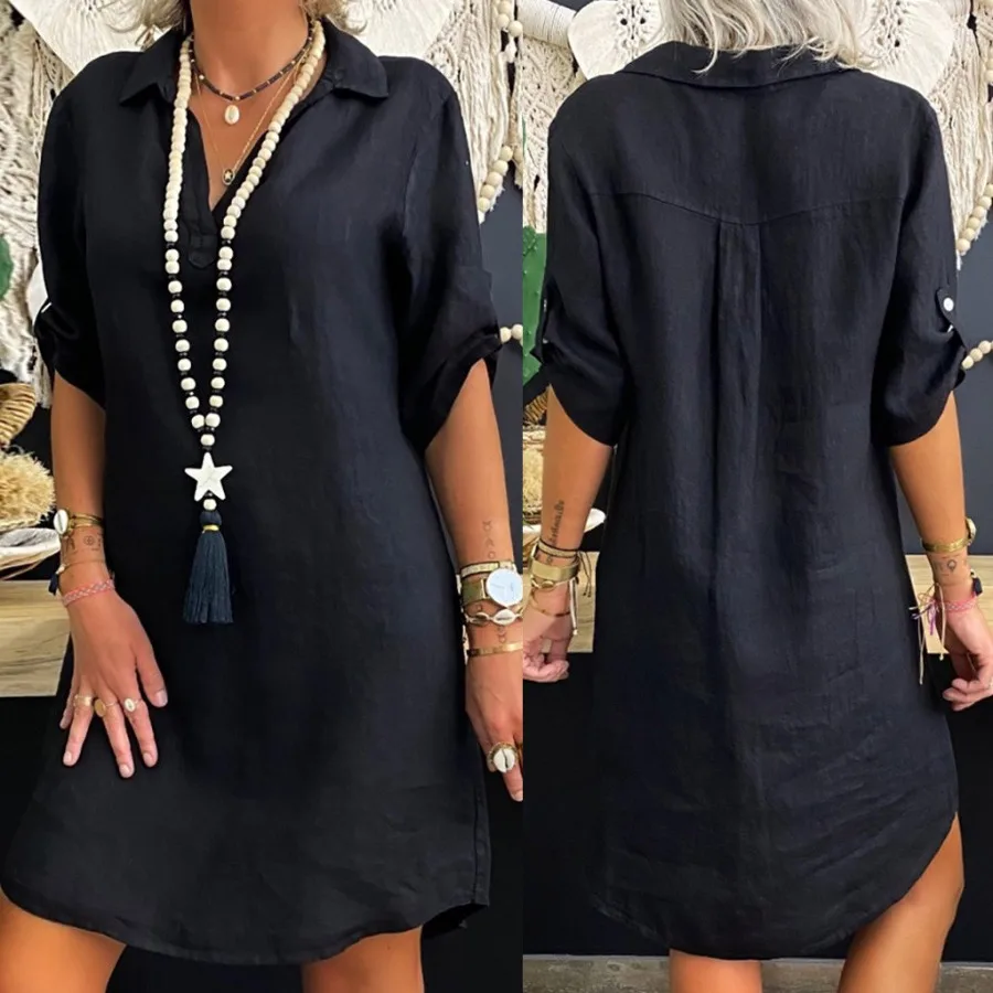 

Dresses Turn Down Collar Solid Women Knee Length Straight Dress Short Sleeve Button High Street Loose Fit 2024 Pullover