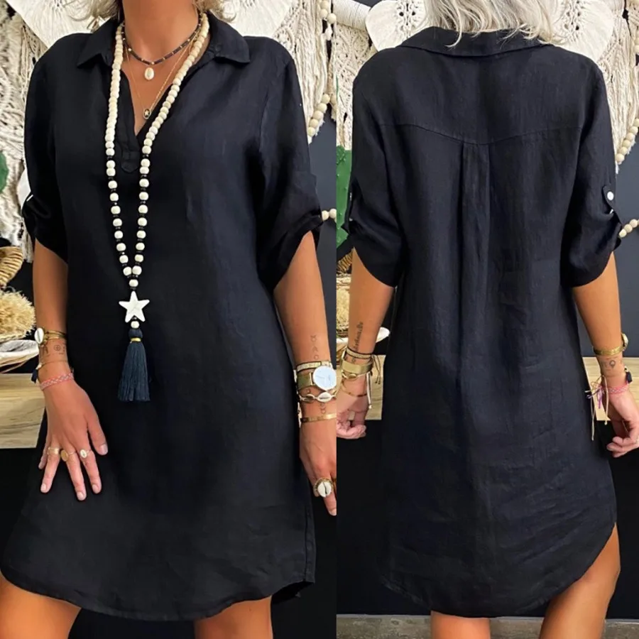 Dresses Turn Down Collar Solid Women Knee Length Straight Dress Short Sleeve Button High Street Loose Fit 2024 Pullover