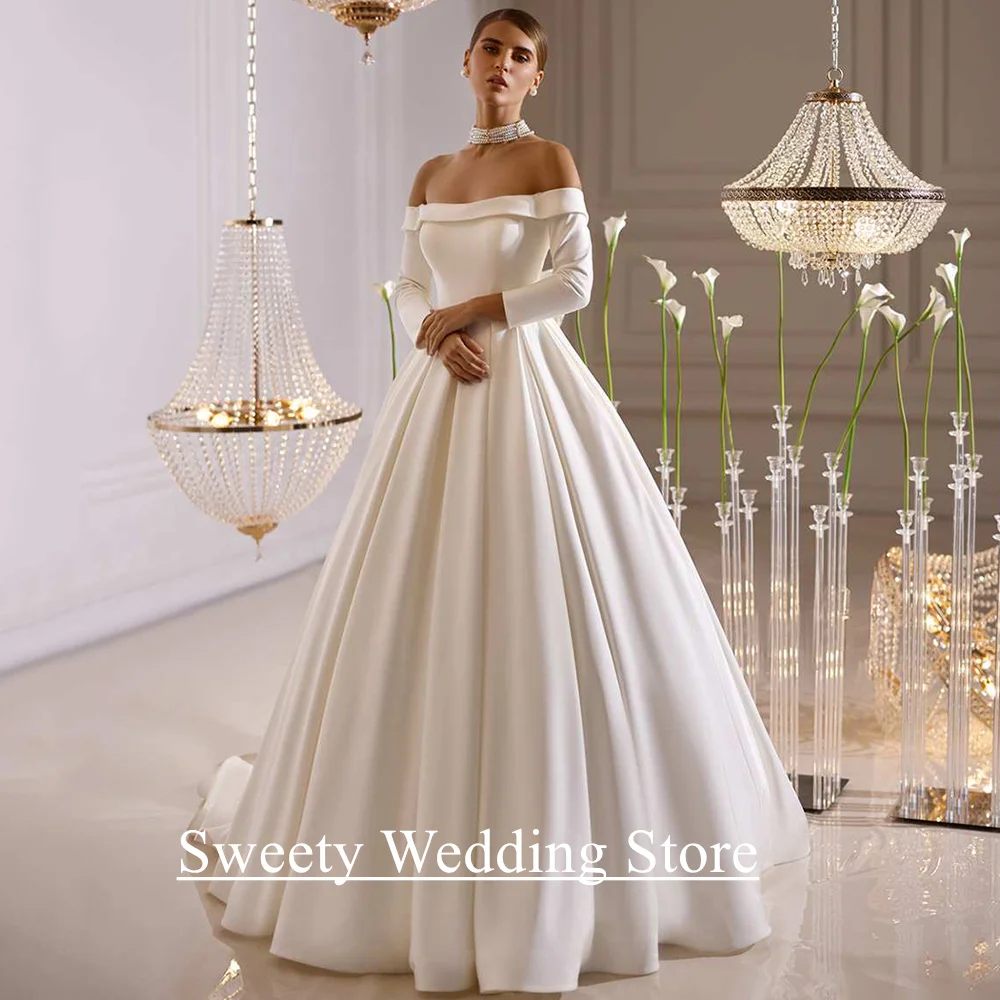 Frau Hochzeitskleid für die Braut, maßgeschneidert, U-Boot-Ausschnitt, lange Ärmel, Tasche, A-Linie, Satin, Korsett, Brautkleid, Vestido De Noiva