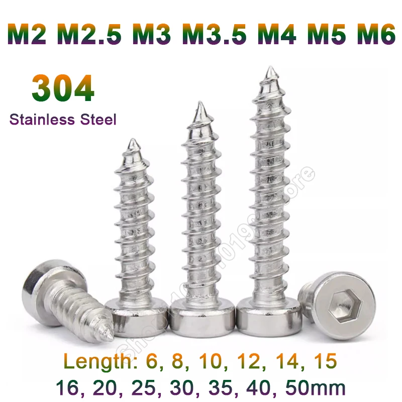 

20-50pcs M2 M2.5 M3 M3.5 M4 M5 M6 304 Stainless Steel Allen Hex Hexagon Socket Cap Head Speaker Wood Self-tapping Screw L 6-50mm