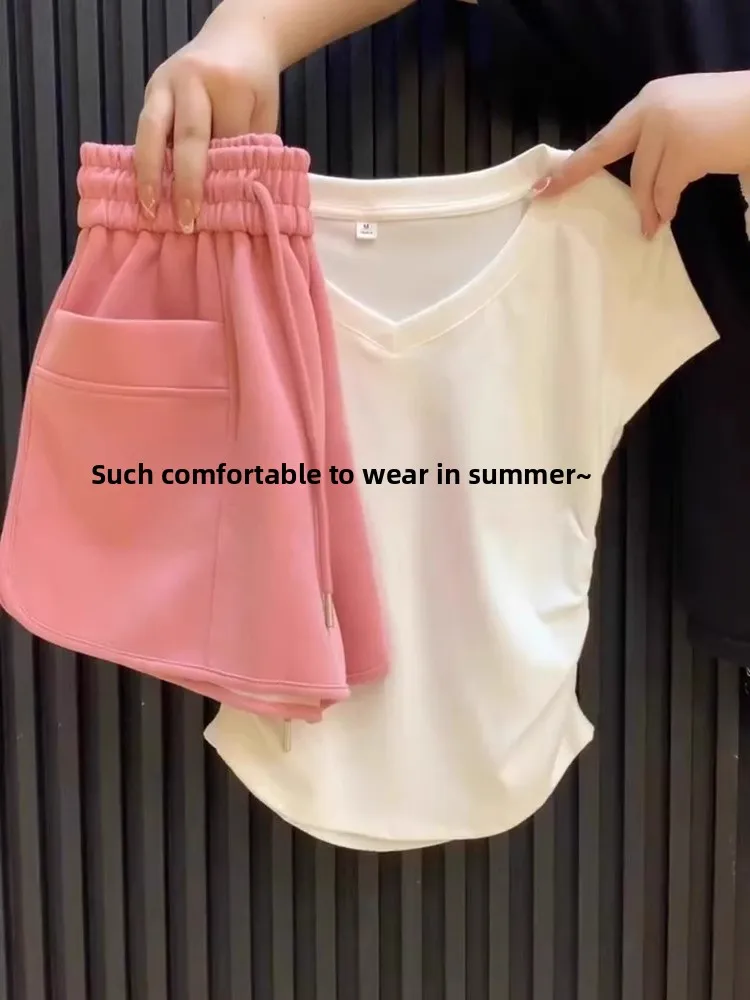 

Summer Casual Women's Two-Piece Set Short Sleeve V-Neck T-Shirt And Shorts Dopaamine Style Korean Drama Inspired Fashion Ense...