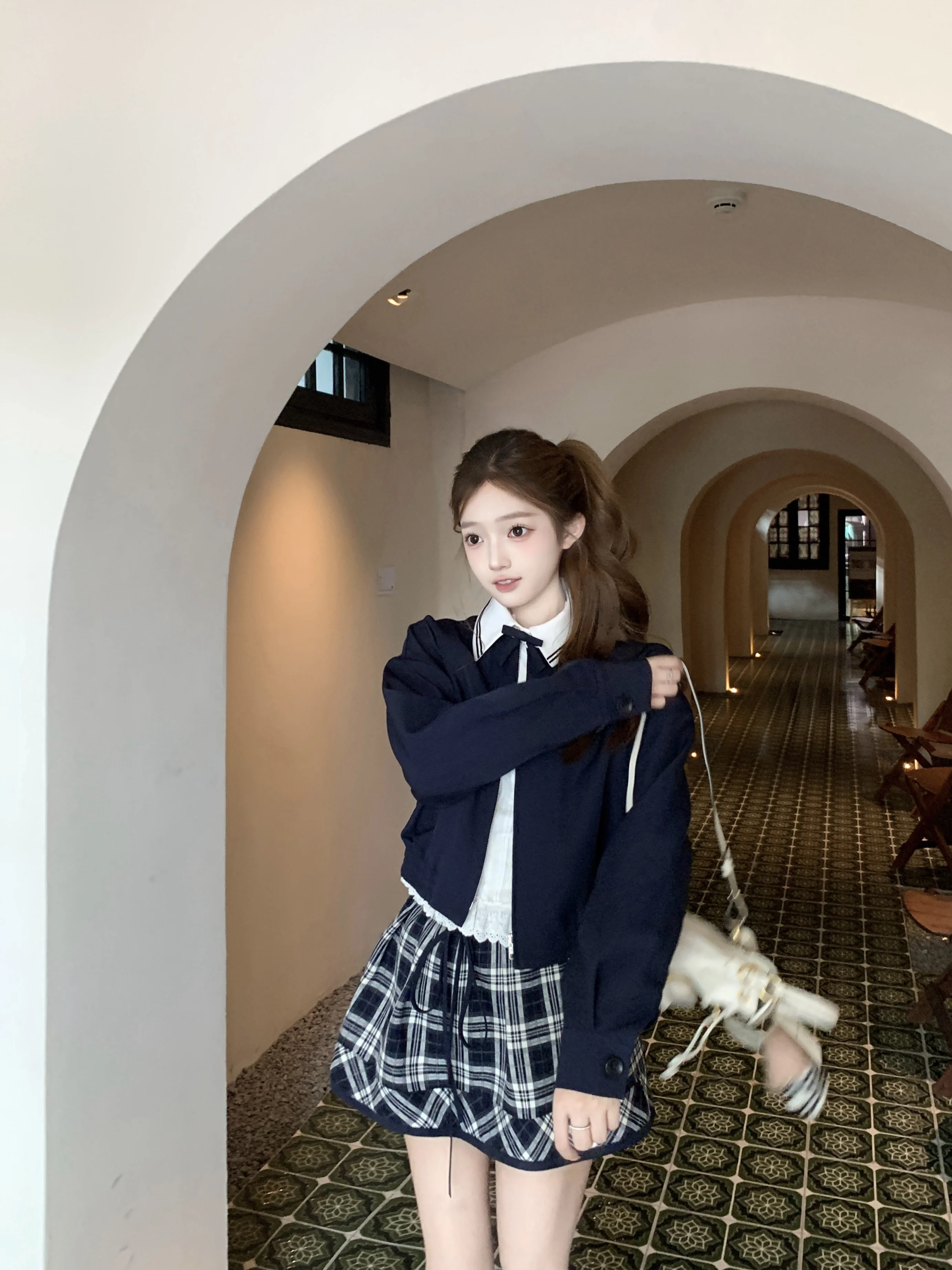 Acaine British Style College Windbreaker Jacket High Waist Plaid  Skirt Autumn Set Elegant Loose Fit Long Sleeve Zipper