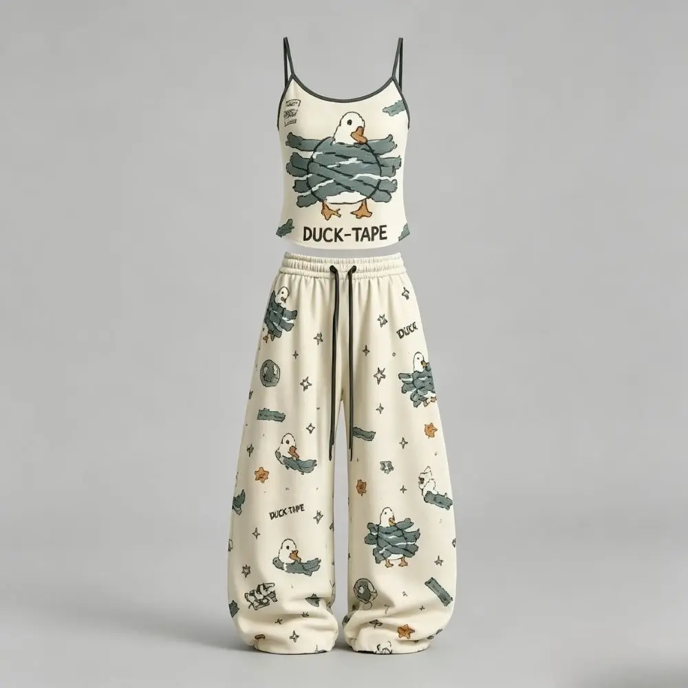 PLstar Cosmos New 3D Print Two-Piece Set: Fun Duck & Tape Print Art-Patterned Tank Top and Wide-Leg Pants