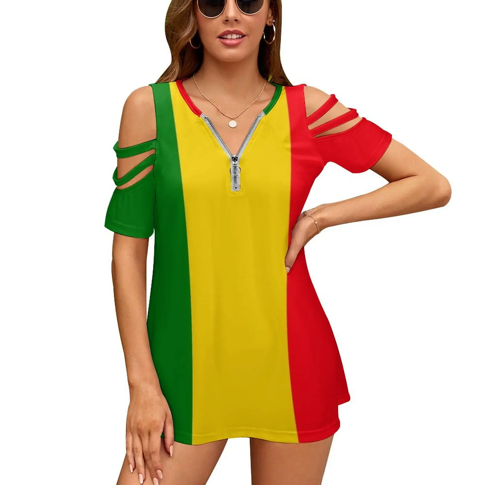 Reggae Vibes Women\'S T-Shirt New Fashion Printed Zipper V-Neck Short Sleeve T Shirts Casual Plus Size Graphic Design Style