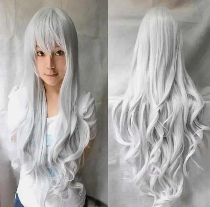 New Silver White Women's Wigs Long Curly Anime Cosplay Wigs 80cm/32" + Wig Cap