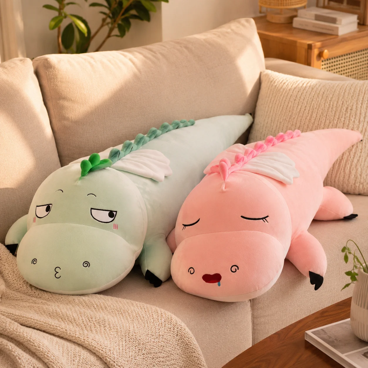Dragon Plush Pillow 100cm Long Body Pillow, 2 Styles - Mint Green/Blush Pink, Polyester Fiber Fill, Soft Cushion for Sofa Decor