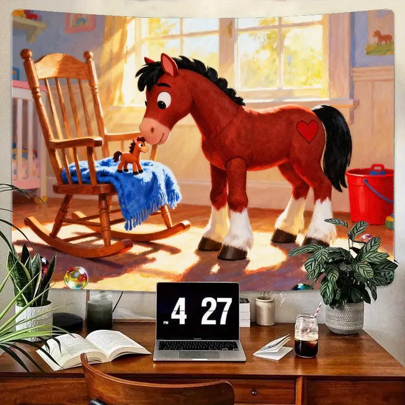 

1PC Kawaii Cartoon Horse & Toy Pony Tapestry, Red Heart Horse in Sunny Nursery Wall Art for Kids Bedroom Decor, Polyester Gift