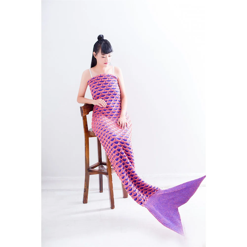 

Purple Knitted Mermaid Tail Blanket Soft Crochet Sleeping Bag 190x90cm Double-Sided Cozy Sofa Blanket Camping Lounging Wear