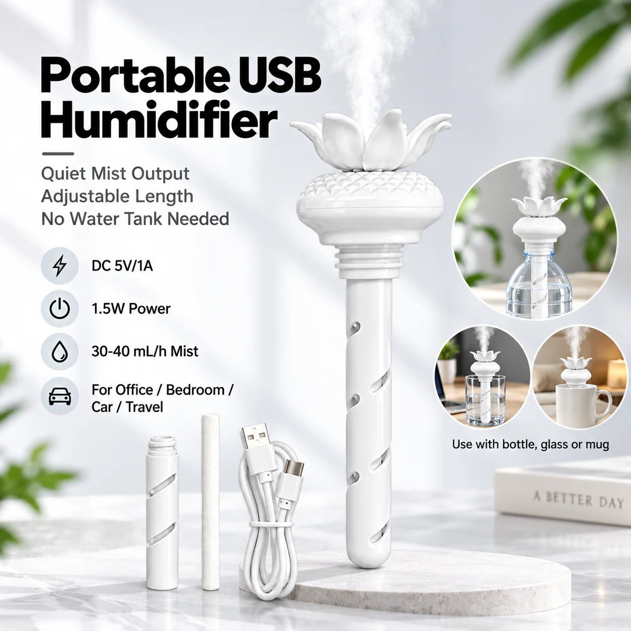 For Home Office TravelQuiet USB Air Humidifier Aromatherapy Diffuser Portable Spray Cool Mist Purifier without Water Container