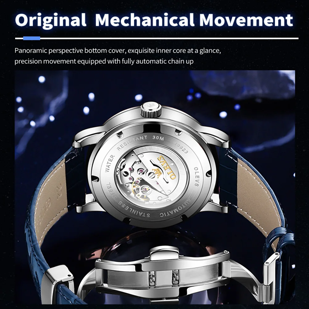 OLEVS Herenhorloge Luxe Merk Automatisch Mechanisch Horloge Heren Lederen Band Waterdicht Lichtgevende sterrenhemel Reloj