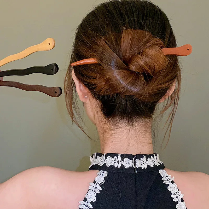 Vintage Chinese Style Peach Wood Hairpins for Women Simple Wave Shaped Hair Sticks Ethnic Hair Accessories Headwear Jewelry M