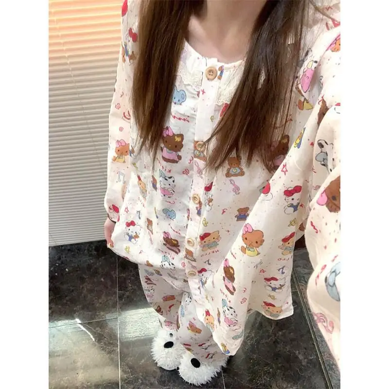 

Пижамный комплект Sanrio Hello Kitty с героями мультфильмов, хлопковая женская домашняя одежда, весенне-осенний милый стиль для девочек, новинка, с длинными рукавами и длинными брюками, в наличии