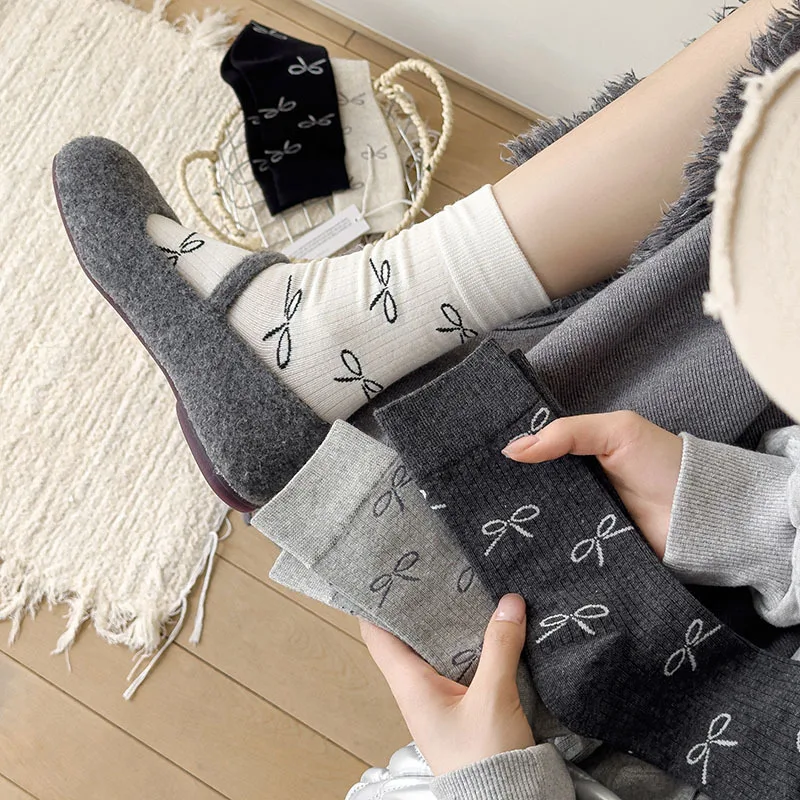 5 Pairs Women Mid Calf Socks Japanese Balletcore Slouch Socks with Bows Spring Summer Long Socks Matching Oxford Shoes