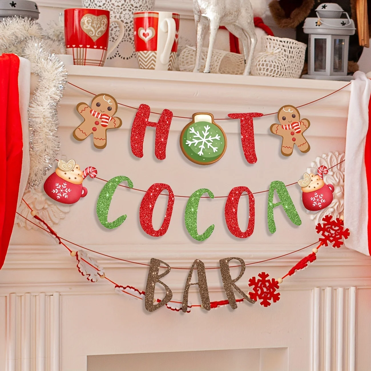 Hot Chocolate Bar Kit, Green Red Christmas Hot Cocoa Bar Supplies, Gingerbread Man Theme Hot Cocoa Bar Banner Sign Toppings Labe