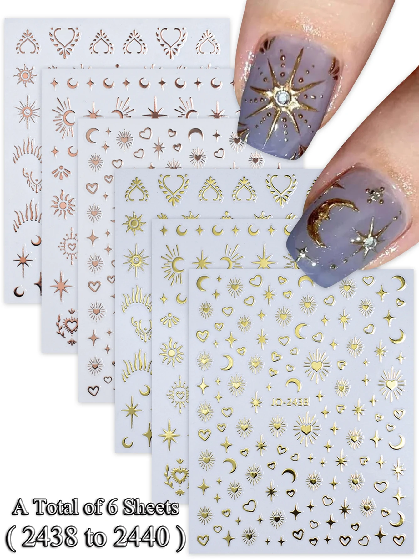 6/12/24 Vellen Gouden & Zilveren Ster, Maan & Hart Nagelstickers, Zelfklevende 3D Nageldecoratie Stickers voor DIY Manicure Decoratie