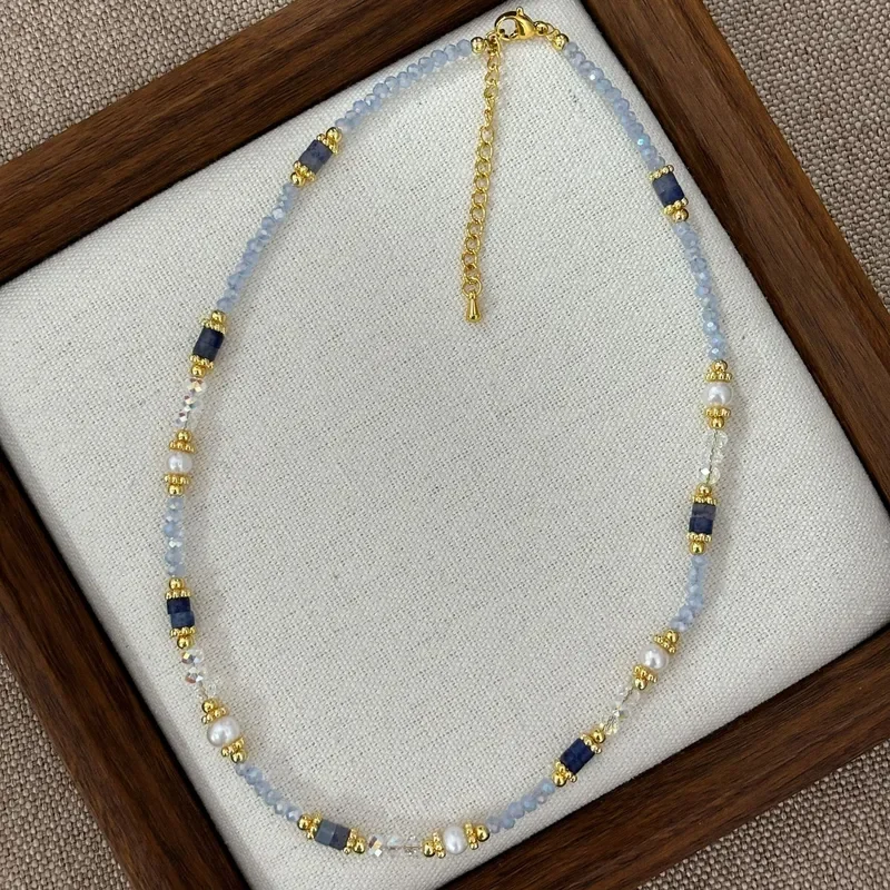 Cool light blue broken crystal beaded necklace natural stone pearl collarbone chain gentle atmosphere thin neck chain jewelry