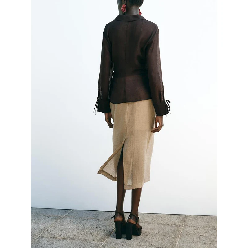 Summer New Women's Faion  Knot Decorated Semi-Transparent Long Sve V-Ne irt Top Polyester Fiber 00%