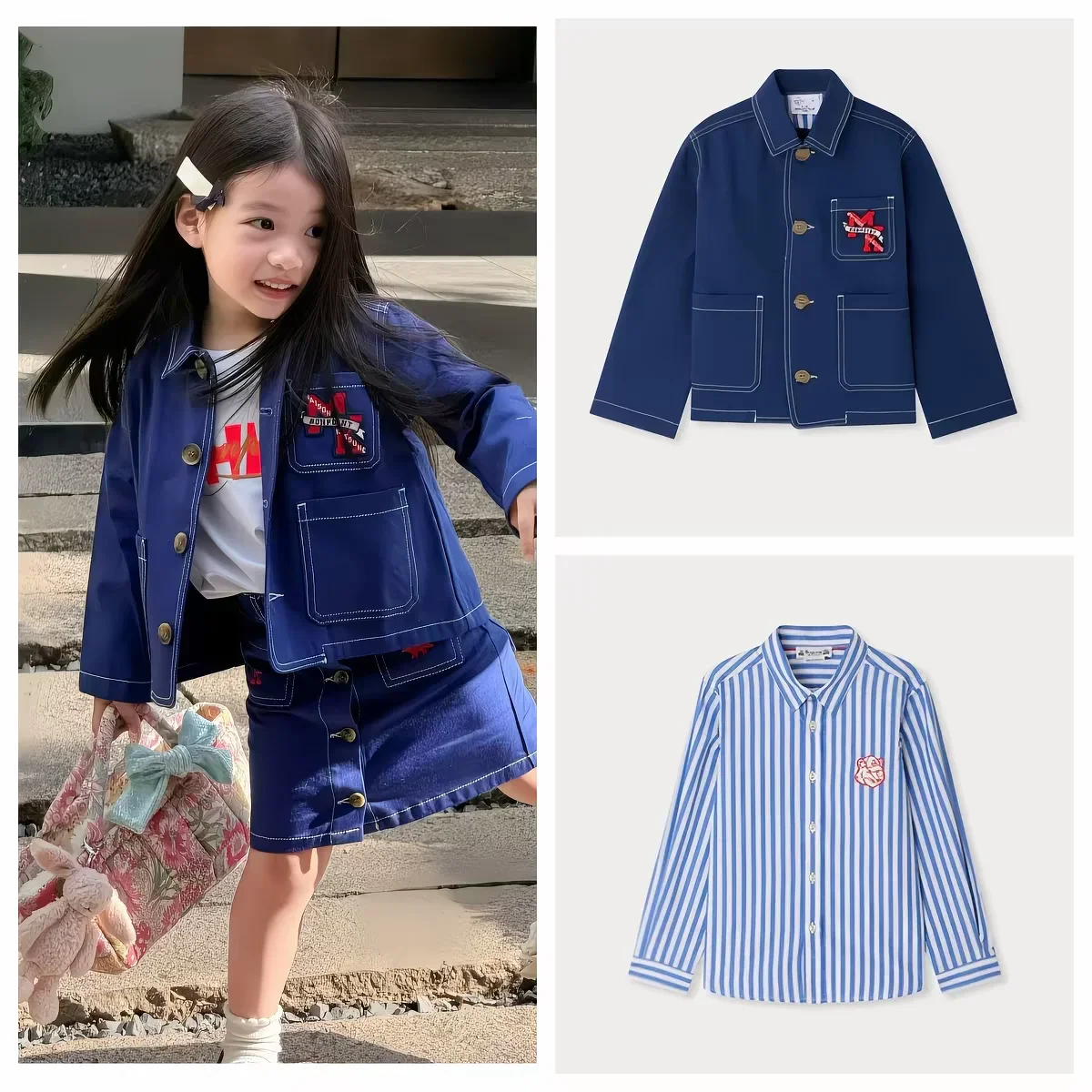 Children's Clothing Kids Denim Coat Fall 2026 New Fashion Cotton Dark Blue Jacket Lapel Blue White Striped Shirts for Boys Girls