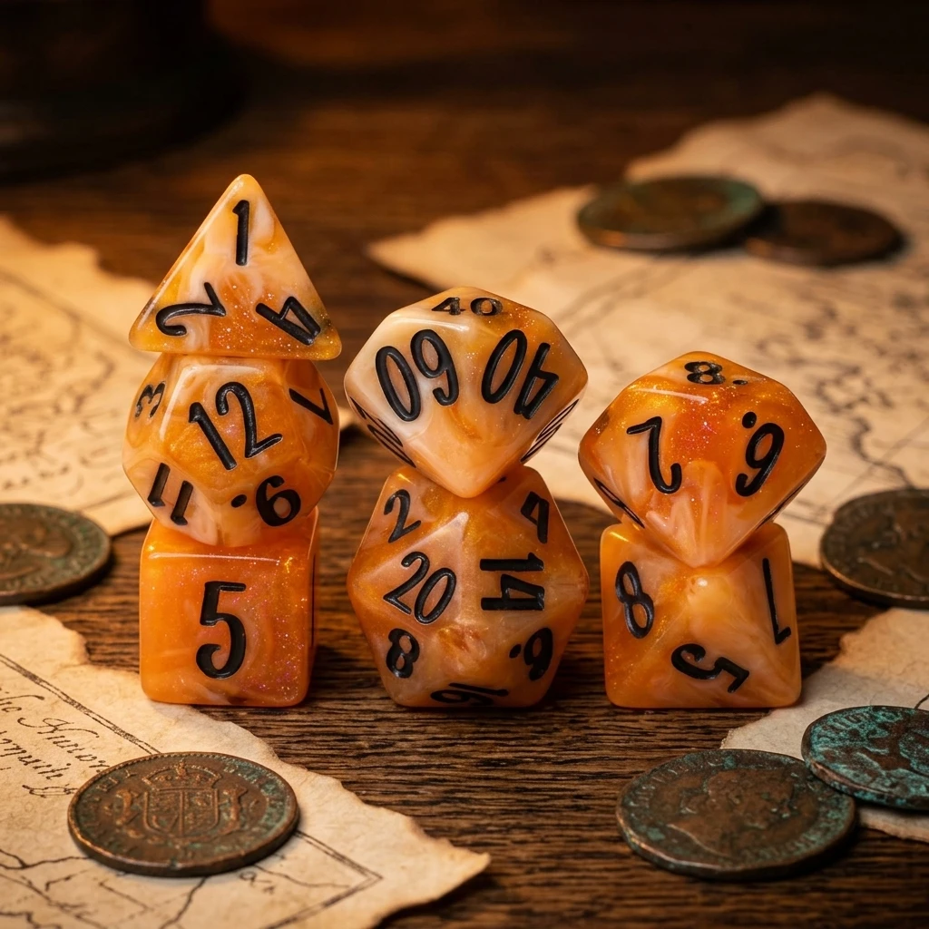 7Pcs Caramel Cream Swirl Glitter Polyhedral DND Dice Set,Resin RPG Dice With Bold Black Ink Number For TTRPG Tabletop Board Game