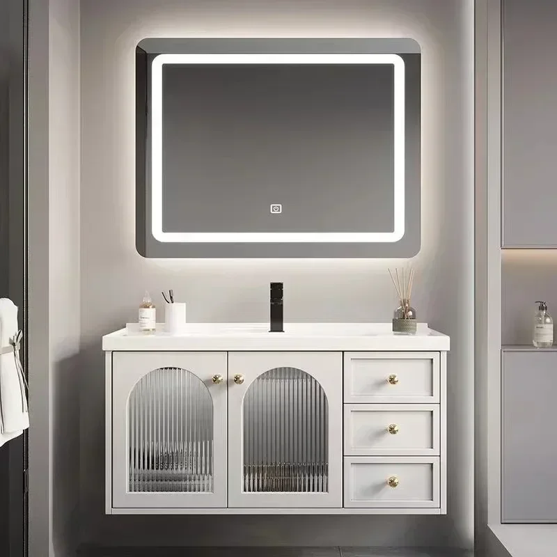 Modern Bathroom Vanity Cabinet with Ceramic Sink White French Storage Unit with Soft-Close Drawers Water-Resistant Wood Base