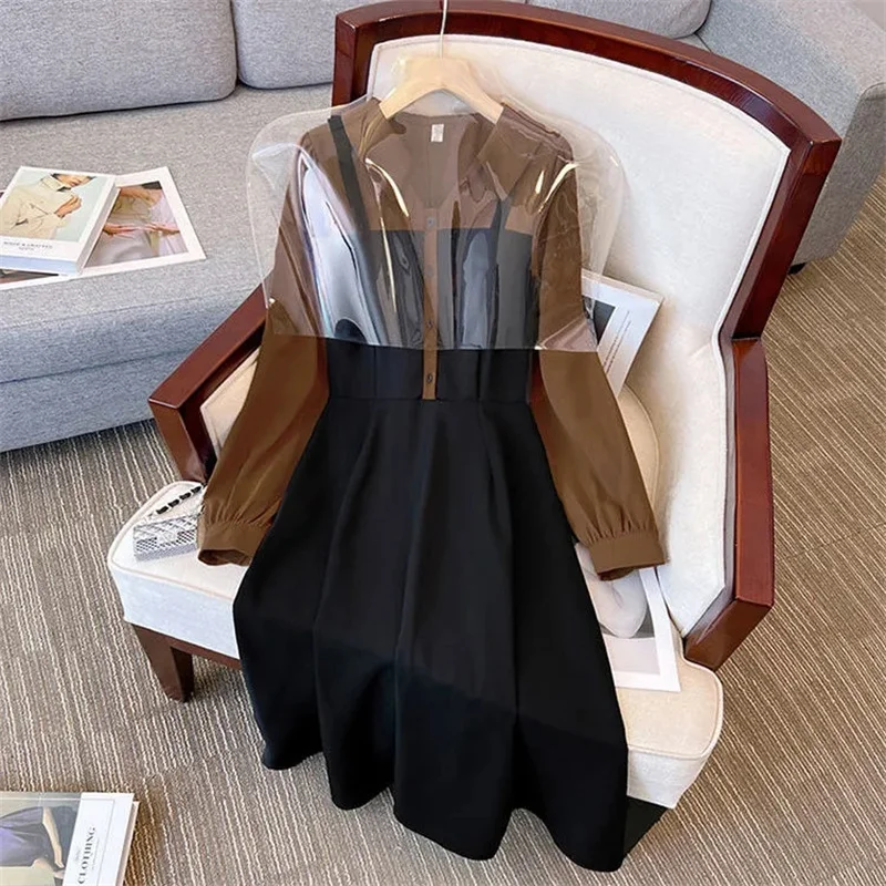 Design Sense Female Large Size 4XL Vestidos Lady Patchwork Maxi Dress Autumn Women V-neck Fake Two Pieces Dresses