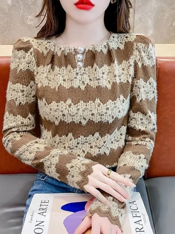 

Ретро-топ с пышными рукавами и круглым вырезом для женщин, с кружевной отделкой и вышивкой в полоску, с объемной текстурой, для осени и зимы