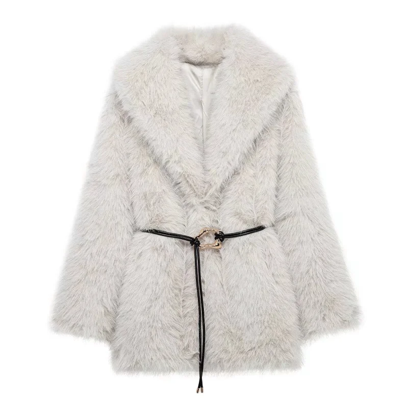 

New European and American Women's Fashion 2025 Spring Style Turn-Down Collar Belt Faux Fur Mid-Length Coat Jacket 6318023