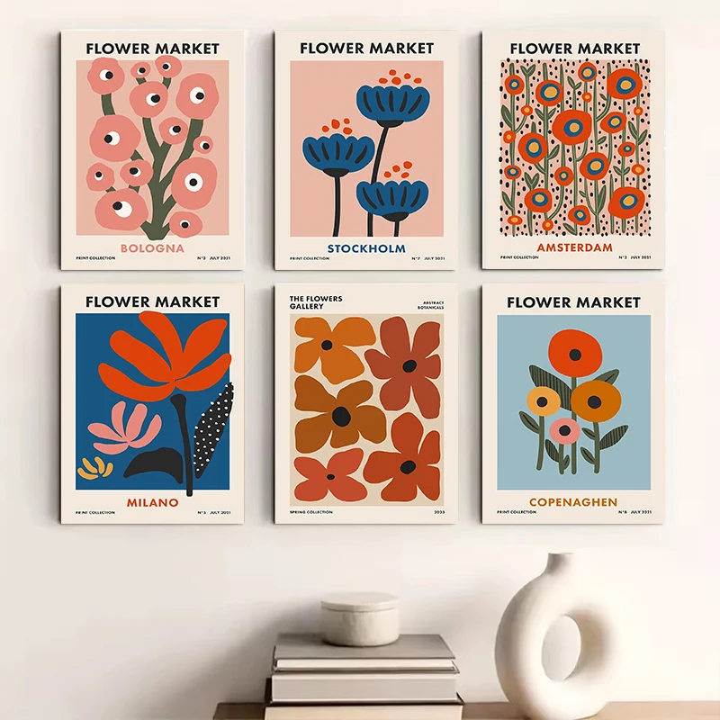 Colorful Abstract Flower Market Amsterdam Poster Retro Boho Flower Shop Sign Prints Canvas Painting Wall Picture Room Home Decor