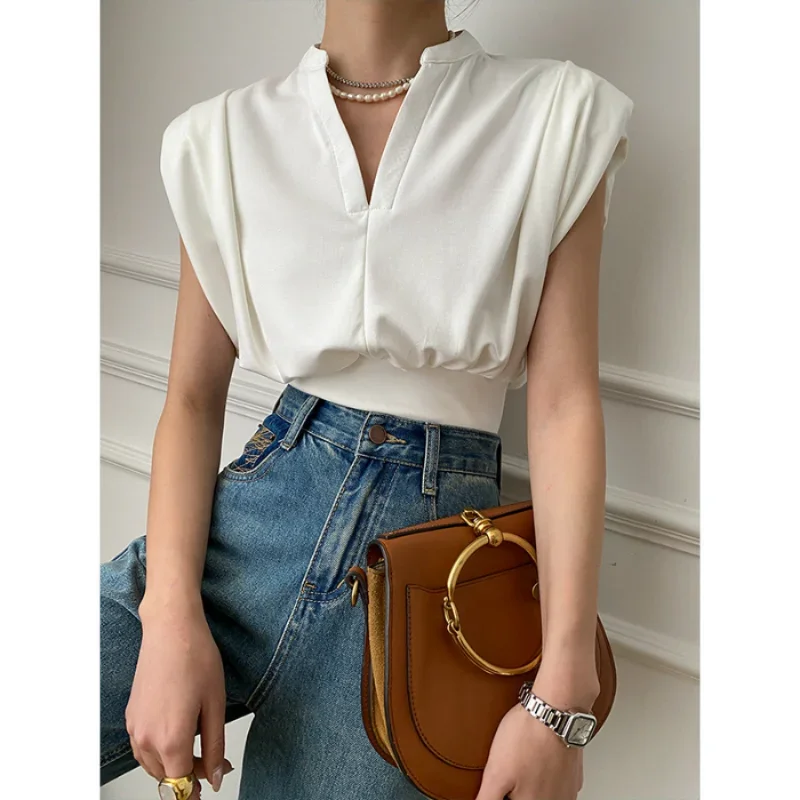 

Fashion Scissors V-neck T-shirts Women Sleeveless Crop Tops Summer Short Teeshirts Spring Loose Folds White Black Shoulder Pad