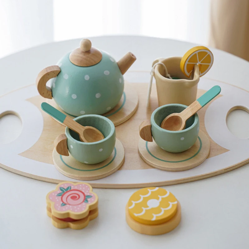 Wooden Afternoon Tea Set Toy Pretend Play Food Learning Role Play Game Early Educational Toys for Toddlers Girls Boys Kids Gifts