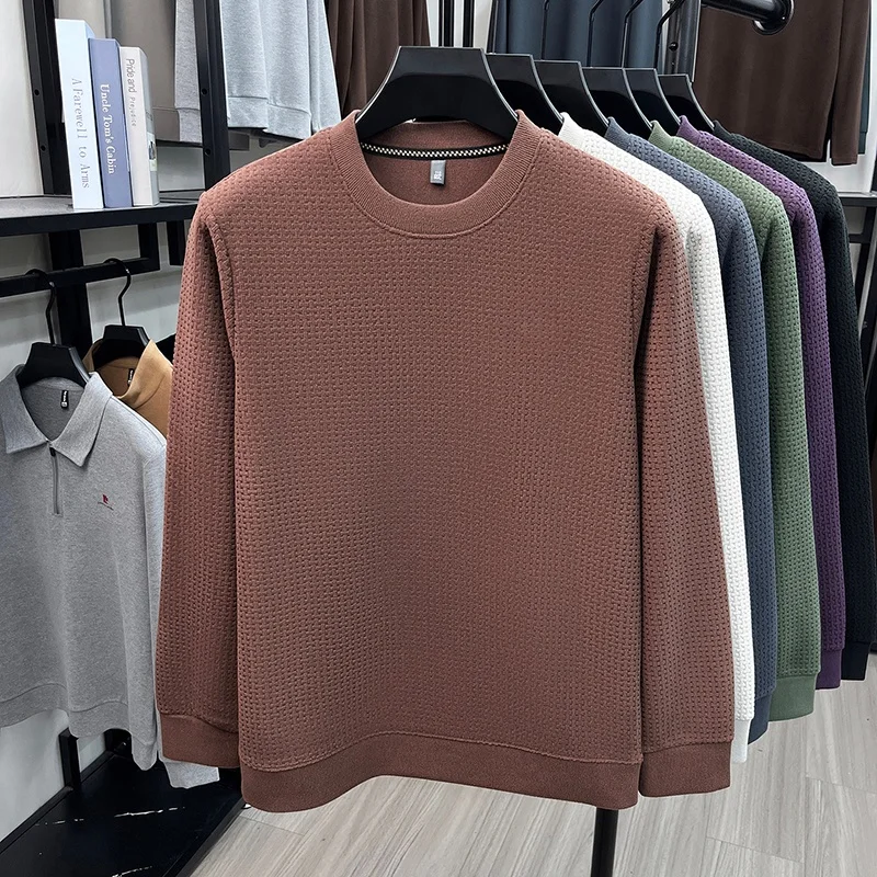 Herren-Sweatshirt mit Rundhalsausschnitt, Waffelstruktur, langen Ärmeln, einfarbig, lockerer Schnitt, lässig, für den täglichen Gebrauch, ein Basic-Oberteil für Herbst und Winter. – Detail 11