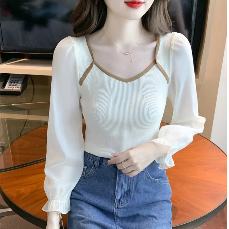 

2024 Spring Autumn Women's New Long Sleeve Sweaters Top Female Slim Fit Knitted Jumpers Ladies Square Collar Pullover Tops X404