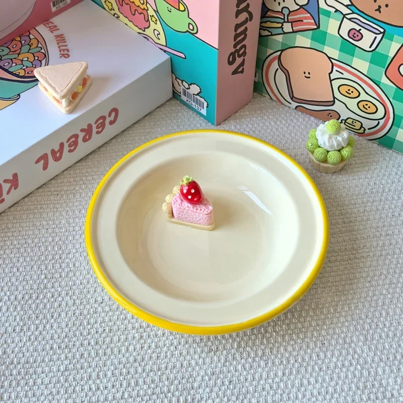 Simple Cream Color Porcelain Plate Korean Style Ceramic Plate Household Tableware Breakfast Fruit Dessert Cake Plates